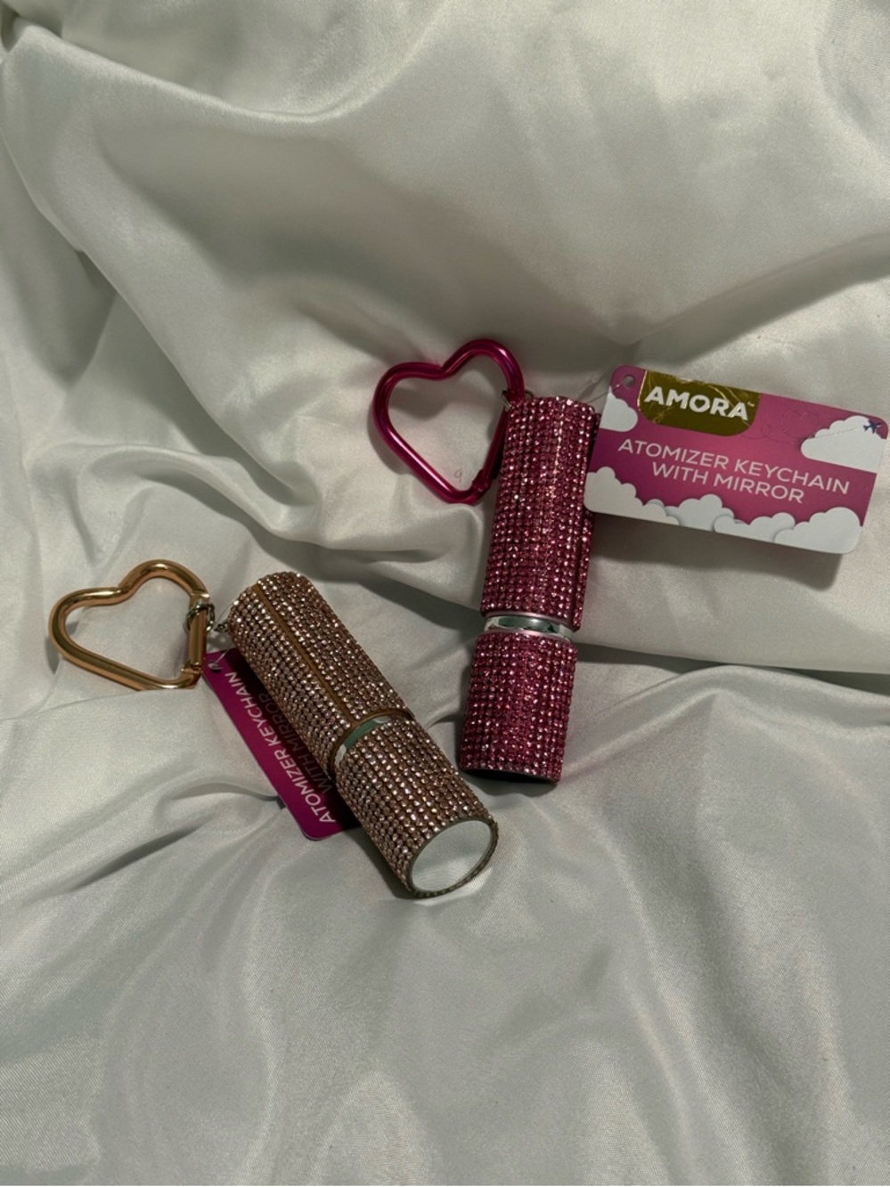 Pink and Rose Gold Crystal Atomizer Keychain with Mirror